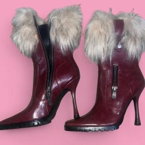 Burgundy Fur-Trimmed Heeled Boots